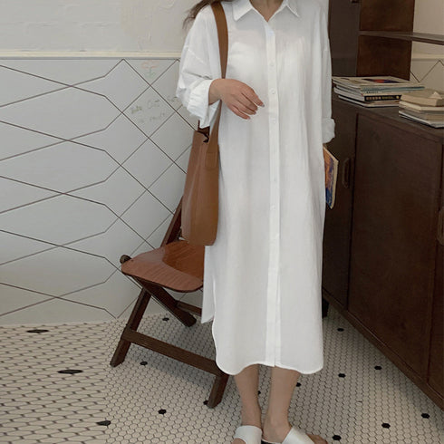 シャツワンピース ロングシャツカーデ レディース 韓国風 カジュアル ロングワンピース 無地 お洒落 アウター 体型カバー 羽織 前開き ロングシャツ 長袖 3XAYAT-014