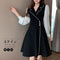 韓国ファッション ワンピース レディース ドレスワンピース ウエストマーク ドッキング aラインワンピース 膝丈 きれいめ 長袖 襟付き ワンピース 大人可愛い 3XAYAT-020