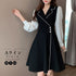 韓国ファッション ワンピース レディース ドレスワンピース ウエストマーク ドッキング aラインワンピース 膝丈 きれいめ 長袖 襟付き ワンピース 大人可愛い 3XAYAT-020