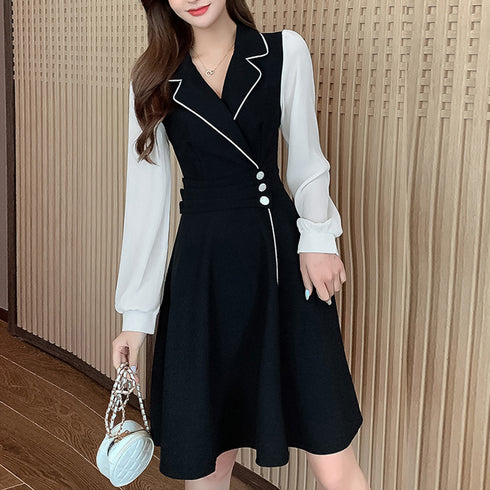 韓国ファッション ワンピース レディース ドレスワンピース ウエストマーク ドッキング aラインワンピース 膝丈 きれいめ 長袖 襟付き ワンピース 大人可愛い 3XAYAT-020