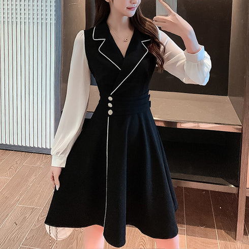 韓国ファッション ワンピース レディース ドレスワンピース ウエストマーク ドッキング aラインワンピース 膝丈 きれいめ 長袖 襟付き ワンピース 大人可愛い 3XAYAT-020