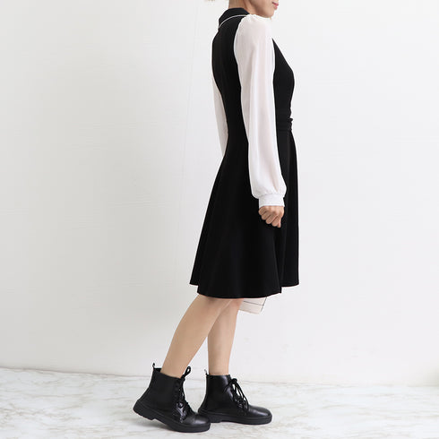 韓国ファッション ワンピース レディース ドレスワンピース ウエストマーク ドッキング aラインワンピース 膝丈 きれいめ 長袖 襟付き ワンピース 大人可愛い 3XAYAT-020