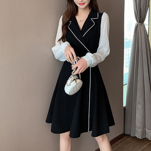 韓国ファッション ワンピース レディース ドレスワンピース ウエストマーク ドッキング aラインワンピース 膝丈 きれいめ 長袖 襟付き ワンピース 大人可愛い 3XAYAT-020