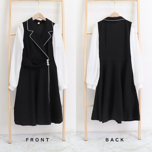 韓国ファッション ワンピース レディース ドレスワンピース ウエストマーク ドッキング aラインワンピース 膝丈 きれいめ 長袖 襟付き ワンピース 大人可愛い 3XAYAT-020