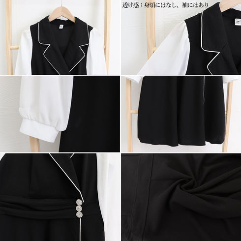韓国ファッション ワンピース レディース ドレスワンピース ウエストマーク ドッキング aラインワンピース 膝丈 きれいめ 長袖 襟付き ワンピース 大人可愛い 3XAYAT-020