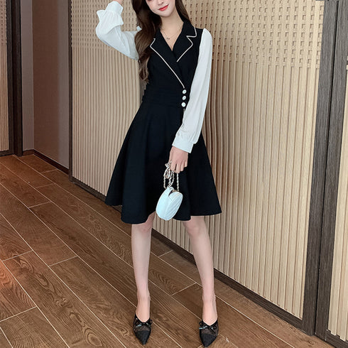 韓国ファッション ワンピース レディース ドレスワンピース ウエストマーク ドッキング aラインワンピース 膝丈 きれいめ 長袖 襟付き ワンピース 大人可愛い 3XAYAT-020