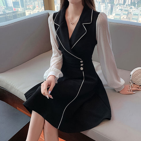 韓国ファッション ワンピース レディース ドレスワンピース ウエストマーク ドッキング aラインワンピース 膝丈 きれいめ 長袖 襟付き ワンピース 大人可愛い 3XAYAT-020