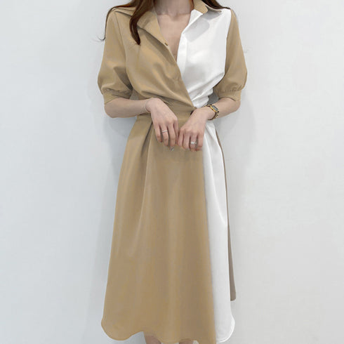 シャツワンピース ロング レディース韓国 上品 ミモレ丈 ワンピース 配色夏服 Vネック スキッパー 大人ワンピース ウエストマーク 体型カバーワンピオルチャン 3XAYAT-021