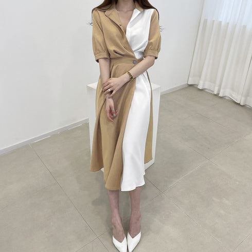 シャツワンピース ロング レディース韓国 上品 ミモレ丈 ワンピース 配色夏服 Vネック スキッパー 大人ワンピース ウエストマーク 体型カバーワンピオルチャン 3XAYAT-021