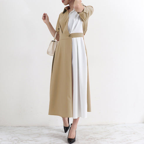 シャツワンピース ロング レディース韓国 上品 ミモレ丈 ワンピース 配色夏服 Vネック スキッパー 大人ワンピース ウエストマーク 体型カバーワンピオルチャン 3XAYAT-021