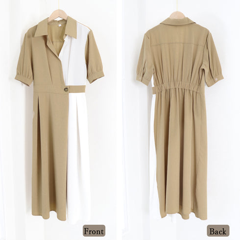 シャツワンピース ロング レディース韓国 上品 ミモレ丈 ワンピース 配色夏服 Vネック スキッパー 大人ワンピース ウエストマーク 体型カバーワンピオルチャン 3XAYAT-021