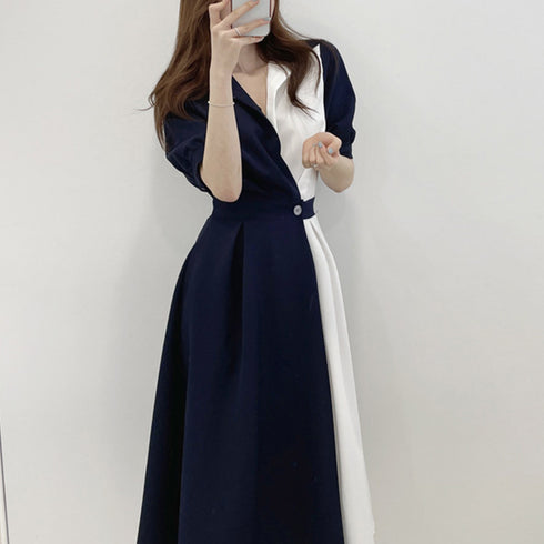 シャツワンピース ロング レディース韓国 上品 ミモレ丈 ワンピース 配色夏服 Vネック スキッパー 大人ワンピース ウエストマーク 体型カバーワンピオルチャン 3XAYAT-021