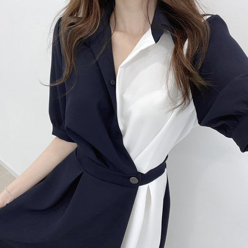 シャツワンピース ロング レディース韓国 上品 ミモレ丈 ワンピース 配色夏服 Vネック スキッパー 大人ワンピース ウエストマーク 体型カバーワンピオルチャン 3XAYAT-021