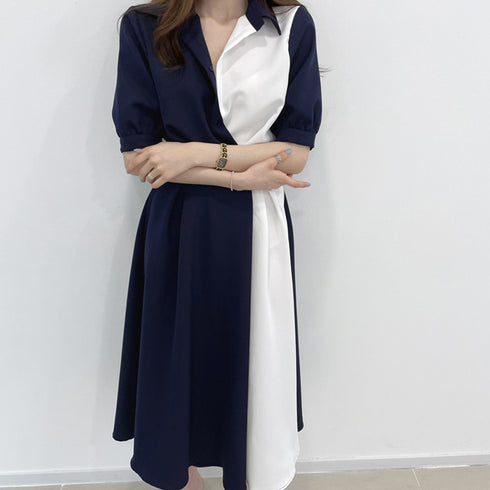 シャツワンピース ロング レディース韓国 上品 ミモレ丈 ワンピース 配色夏服 Vネック スキッパー 大人ワンピース ウエストマーク 体型カバーワンピオルチャン 3XAYAT-021