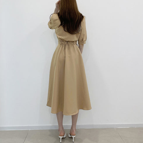 シャツワンピース ロング レディース韓国 上品 ミモレ丈 ワンピース 配色夏服 Vネック スキッパー 大人ワンピース ウエストマーク 体型カバーワンピオルチャン 3XAYAT-021