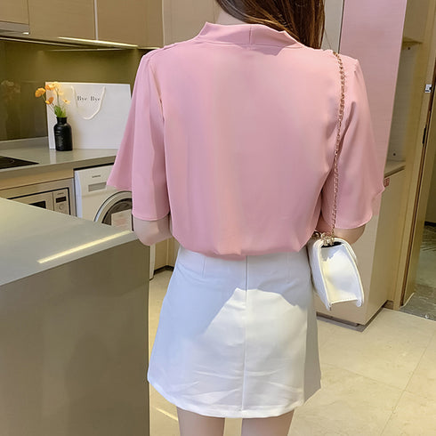 フレアスリーブ ブラウス 半袖レディース Vネック ラッフルスリーブ ブラウス オフィスカジュアル 大人夏服 きれいめ シャツブラウス 黒白トップス無地フェミニン 3XAYAT-022