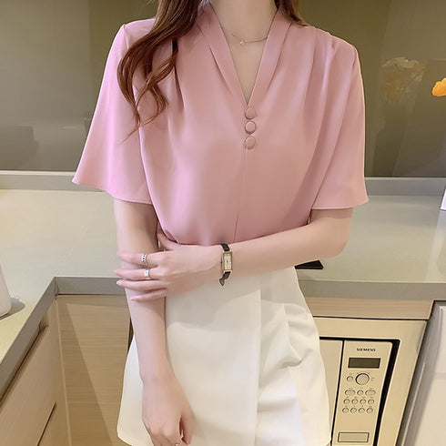 フレアスリーブ ブラウス 半袖レディース Vネック ラッフルスリーブ ブラウス オフィスカジュアル 大人夏服 きれいめ シャツブラウス 黒白トップス無地フェミニン 3XAYAT-022