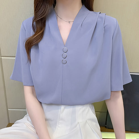 フレアスリーブ ブラウス 半袖レディース Vネック ラッフルスリーブ ブラウス オフィスカジュアル 大人夏服 きれいめ シャツブラウス 黒白トップス無地フェミニン 3XAYAT-022
