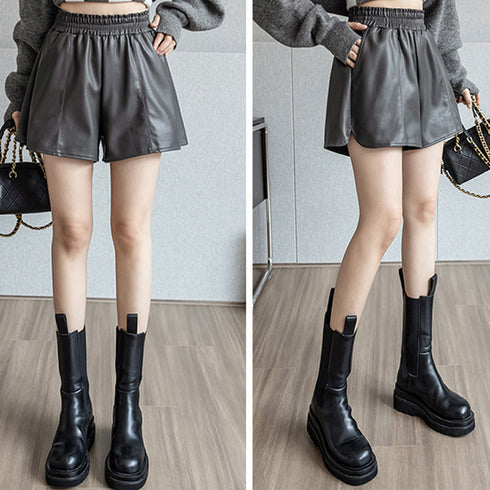 PUレザー ショートパンツ レディース おしゃれ フェイクレザー 短パン ウエストゴム ボトムス ハイウエスト カジュアル 美脚パンツ キュロット 着やせ 秋冬 3XAYAT-026