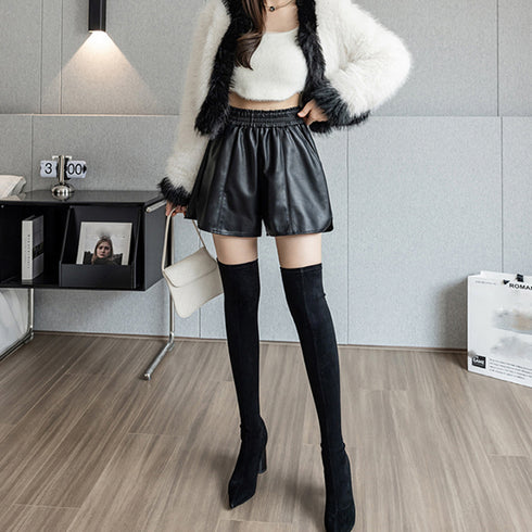 PUレザー ショートパンツ レディース おしゃれ フェイクレザー 短パン ウエストゴム ボトムス ハイウエスト カジュアル 美脚パンツ キュロット 着やせ 秋冬 3XAYAT-026