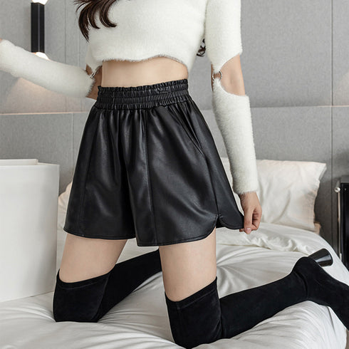 PUレザー ショートパンツ レディース おしゃれ フェイクレザー 短パン ウエストゴム ボトムス ハイウエスト カジュアル 美脚パンツ キュロット 着やせ 秋冬 3XAYAT-026