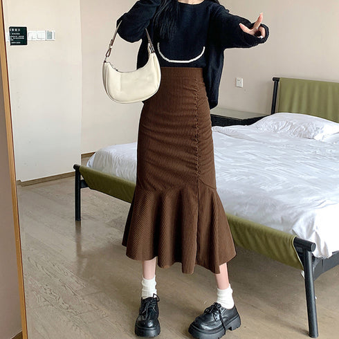 マーメイドスカート秋冬 ロングスカート黒 レディース コーディロイ フレアスカート きれいめ 美脚ハイウエストスカート 着やせ エレガント無地ミモレ丈スカート大人 3XAYAT-029