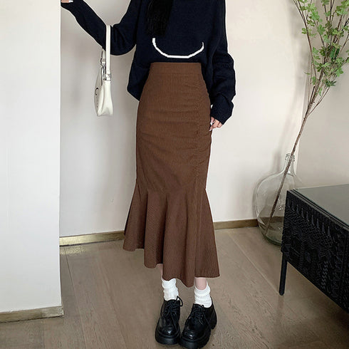 マーメイドスカート秋冬 ロングスカート黒 レディース コーディロイ フレアスカート きれいめ 美脚ハイウエストスカート 着やせ エレガント無地ミモレ丈スカート大人 3XAYAT-029