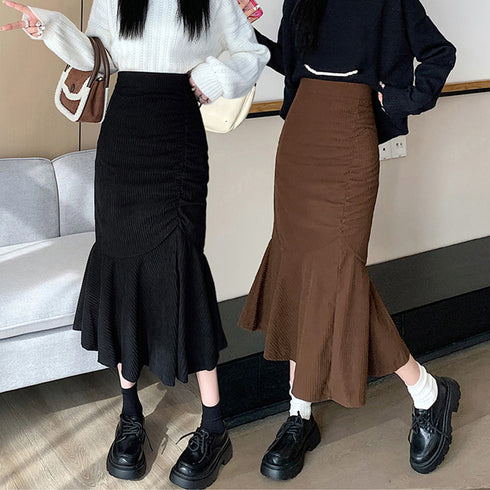マーメイドスカート秋冬 ロングスカート黒 レディース コーディロイ フレアスカート きれいめ 美脚ハイウエストスカート 着やせ エレガント無地ミモレ丈スカート大人 3XAYAT-029