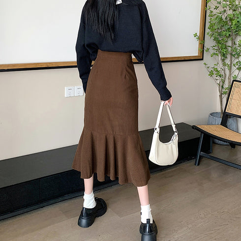 マーメイドスカート秋冬 ロングスカート黒 レディース コーディロイ フレアスカート きれいめ 美脚ハイウエストスカート 着やせ エレガント無地ミモレ丈スカート大人 3XAYAT-029