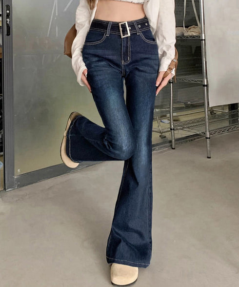 セミフレアデニムパンツ レディース 美脚 ベルト付き デニムスキニー 韓国風 フィット感 着やせ脚長 カジュアル レトロ ロングパンツ 細身 ブーツカットデニム 617KZ-008