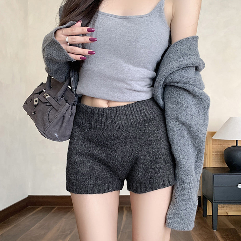 ショートニットパンツ 暖かい短パン 春秋 チャコールグレー