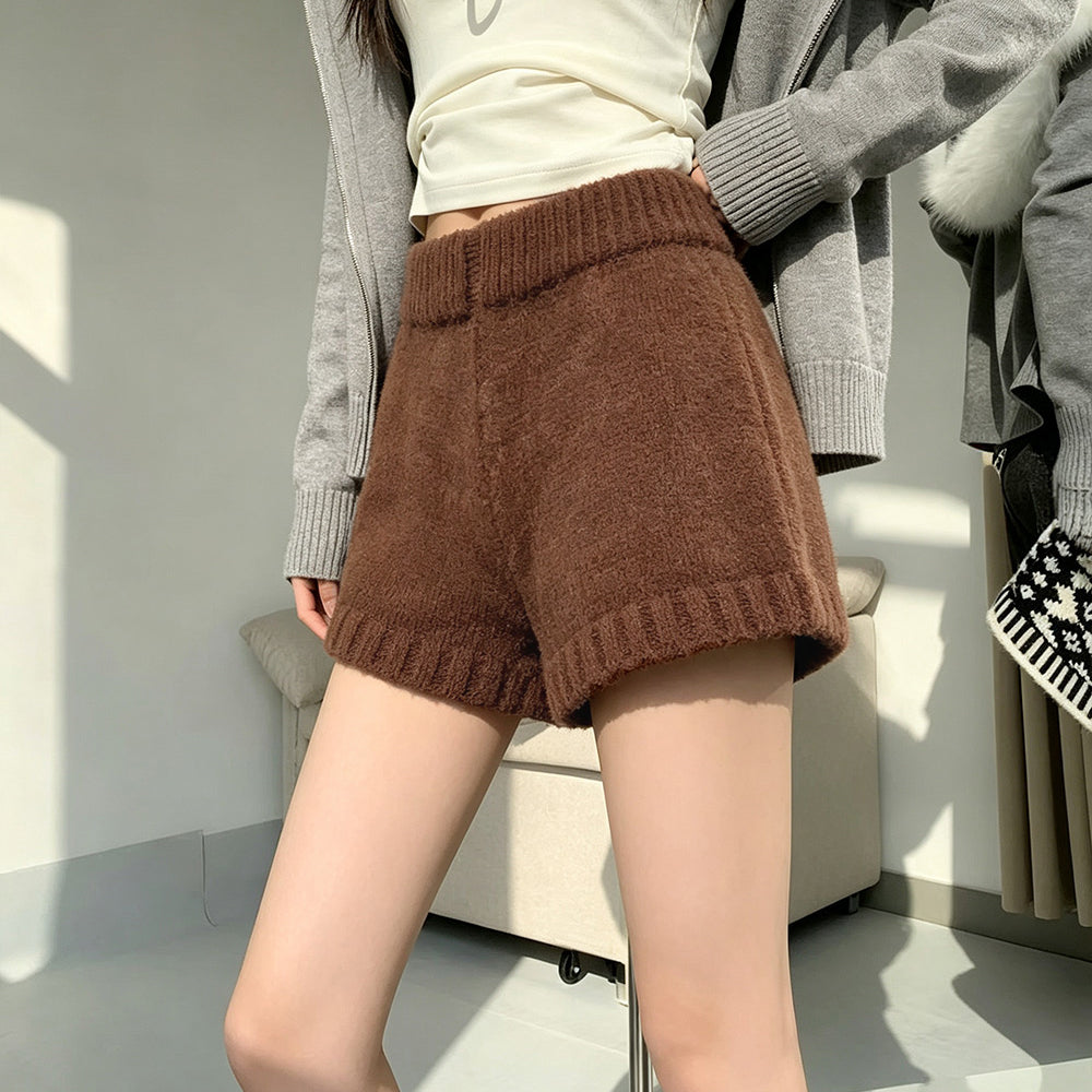 ショートニットパンツ 暖かい短パン 春秋 キャメル