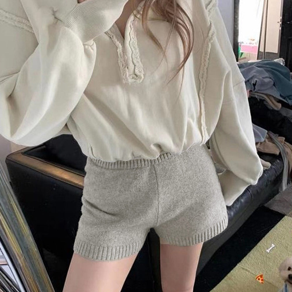 ショートニットパンツ 暖かい短パン 春秋 ライトグレー