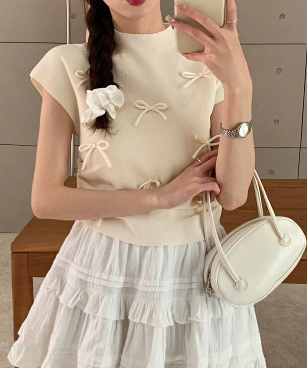 リボン付きリブニット プチハイネック夏服 ベージュ