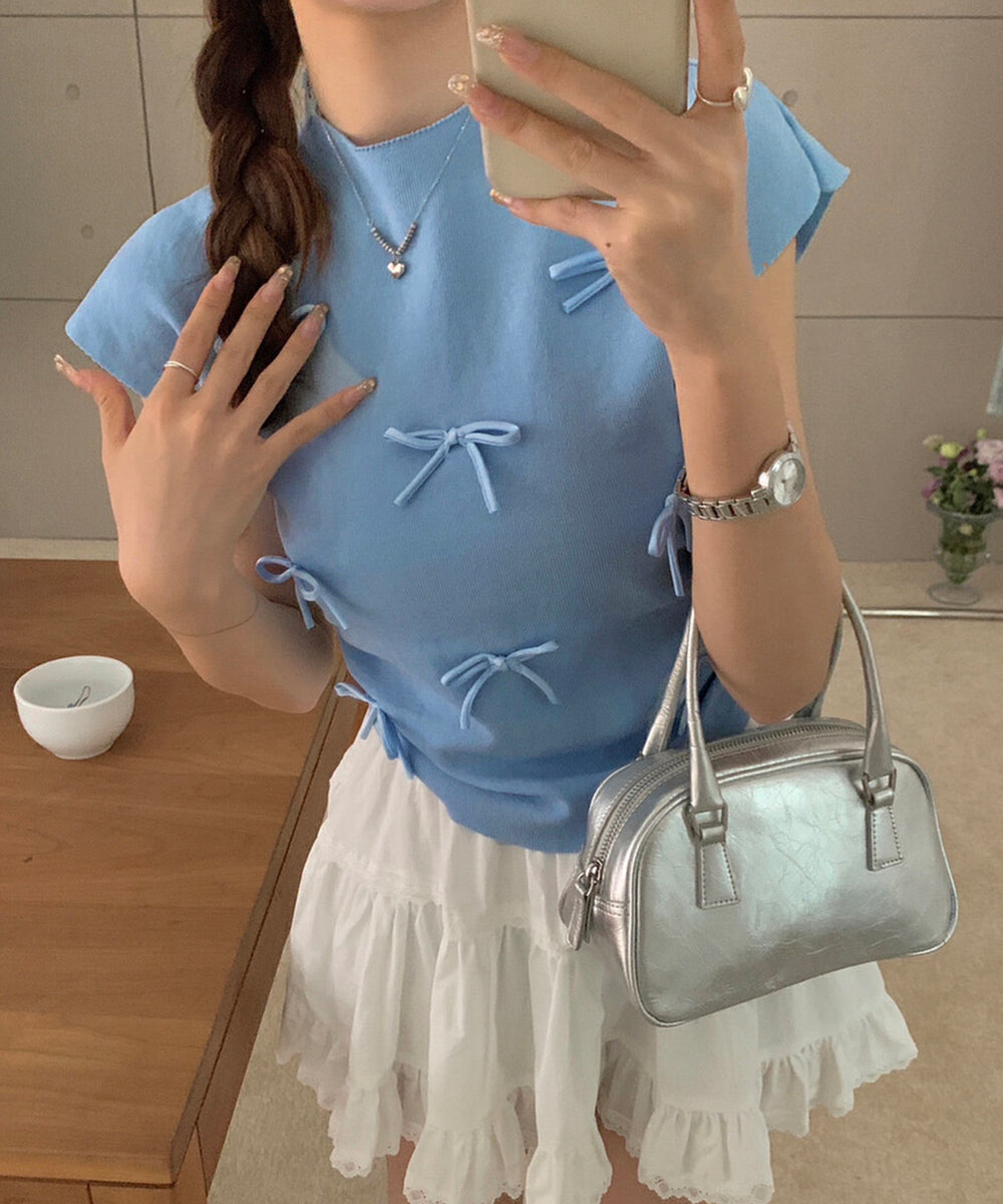リボン付きリブニット プチハイネック夏服 ブルー