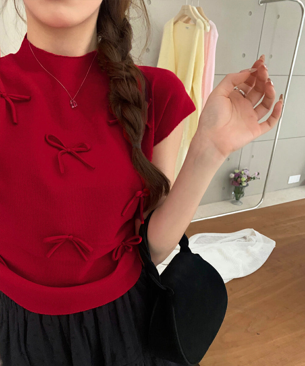 リボン付きリブニット プチハイネック夏服 レッド