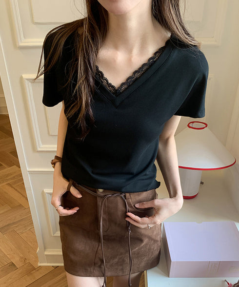 VネックTシャツ春夏 半袖トップス韓国風 レディース 半袖カットソー 着やせtシャツ大人可愛い おしゃれ夏服 カジュアルトップス フェミニントップス 無地 617SY-005