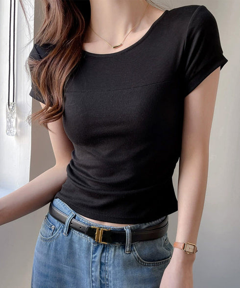 リブTシャツ 異素材切り替えカットソー レディース クルーネックt 大人可愛い 着回し 半袖カットソー おしゃれプルオーバー カジュアルtシャツ ベーシック通勤 617SY-007