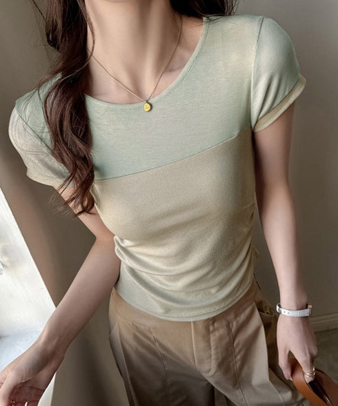 リブTシャツ 異素材切り替えカットソー レディース クルーネックt 大人可愛い 着回し 半袖カットソー おしゃれプルオーバー カジュアルtシャツ ベーシック通勤 617SY-007