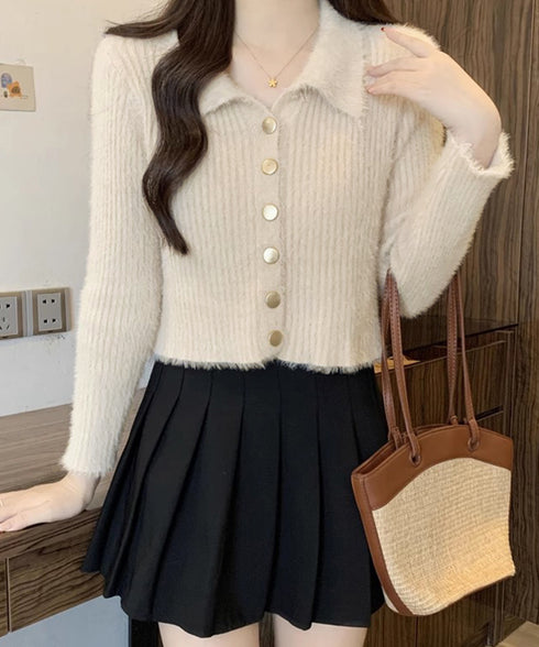 シャギーカーディガンゴールドボタン韓国風 レディース 秋冬服 大人可愛い ニットトップス 長袖 ミンクタッチカーディガン ふわふわ モヘヤ風セーター おしゃれ 617SY-009