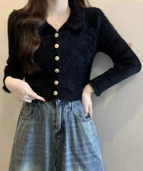 シャギーカーディガンゴールドボタン韓国風 レディース 秋冬服 大人可愛い ニットトップス 長袖 ミンクタッチカーディガン ふわふわ モヘヤ風セーター おしゃれ 617SY-009