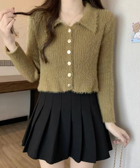 シャギーカーディガンゴールドボタン韓国風 レディース 秋冬服 大人可愛い ニットトップス 長袖 ミンクタッチカーディガン ふわふわ モヘヤ風セーター おしゃれ 617SY-009