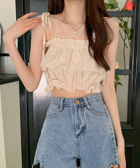 フリル キャミソール ペプラムキャミ夏服 レディース 肩リボン トップス 無地ノースリーブ 韓国風 フリルビスチェ 大人可愛いキャミ へそ出し 薄手 トップス 617SY-020