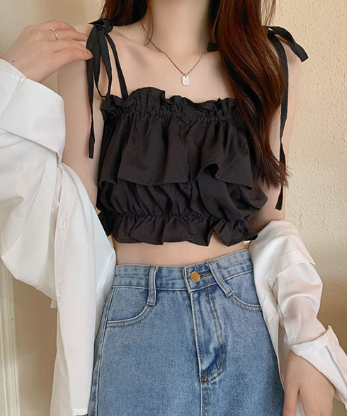 フリル キャミソール ペプラムキャミ夏服 レディース 肩リボン トップス 無地ノースリーブ 韓国風 フリルビスチェ 大人可愛いキャミ へそ出し 薄手 トップス 617SY-020
