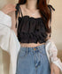 フリル キャミソール ペプラムキャミ夏服 レディース 肩リボン トップス 無地ノースリーブ 韓国風 フリルビスチェ 大人可愛いキャミ へそ出し 薄手 トップス 617SY-020