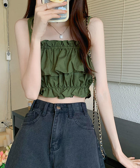 フリル キャミソール ペプラムキャミ夏服 レディース 肩リボン トップス 無地ノースリーブ 韓国風 フリルビスチェ 大人可愛いキャミ へそ出し 薄手 トップス 617SY-020