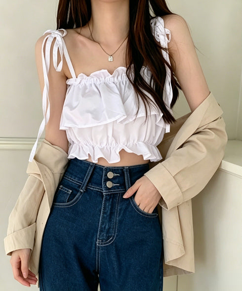 フリル キャミソール ペプラムキャミ夏服 レディース 肩リボン トップス 無地ノースリーブ 韓国風 フリルビスチェ 大人可愛いキャミ へそ出し 薄手 トップス 617SY-020