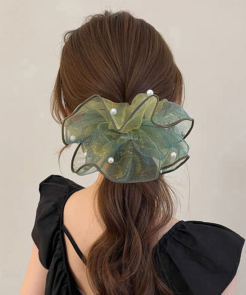 ボリュームシュシュオーガンジーヘアアクセ パールシュシュ きれいめ上品 大ぶりシアーシュシュ大きめ 透け感シアー髪飾り 大人可愛いヘアアクセサリー 韓国風 髪留め 617XW-024