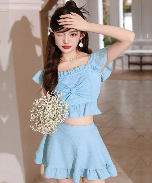 盛れる水着レディースフリル水着2点セット セパレートスイムウェア インナーパンツ付き フロントリボン 海水浴ビスチェ水着 体型カバー水着 韓国風 夏海プール水着 617YY-003