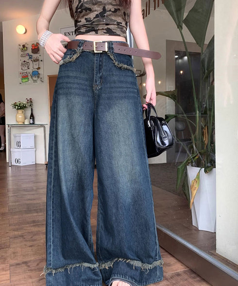 ハイウエスト デニムワイドパンツ 韓国風 レディース ゆったり ルーズデニム アメカジ ワイドレッグ ロングパンツ おしゃれ 長ズボン 美脚脚長ジーパン 617KZ-005